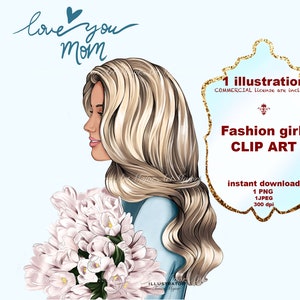 Fashion clipart, Fashion Illustration Fashion girl with flowers, Planner Cover PNG, Instant download, Card Love you mom jpeg
