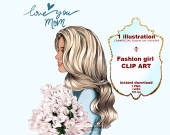 Fashion Clipart, Fashion Illustration Fashion Girl mit Blumen, Planer Cover PNG, Sofort Download, Karte Love you mom jpeg