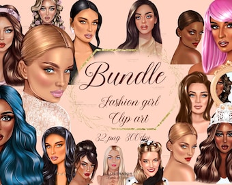 May include: A digital illustration bundle of 32 fashion girl clip art images. The images feature women with different hairstyles, makeup, and clothing. The images are in PNG format and are 300 dpi.