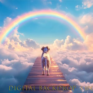 May include: A white dog walks on a wooden path towards a rainbow in a cloudy sky. The path leads to a bright light in the distance.