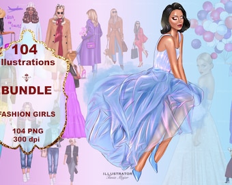 May include: A digital illustration bundle of 104 fashion girls in various poses and outfits. The illustrations are in PNG format and 300 dpi. The bundle includes a variety of styles, from casual to formal, and features a range of colors and patterns.