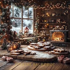 May include: A cozy Christmas scene with snowflake cookies on a wooden table. The table is dusted with powdered sugar and surrounded by small wrapped gifts. The text "DIGITAL BACKDROP" is visible on the table.