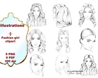 Coloring pages, Face clipart, Female face PNG, Portrait line art, 9 PNG, 9 PDF, Coloring page printable, fashion coloring page