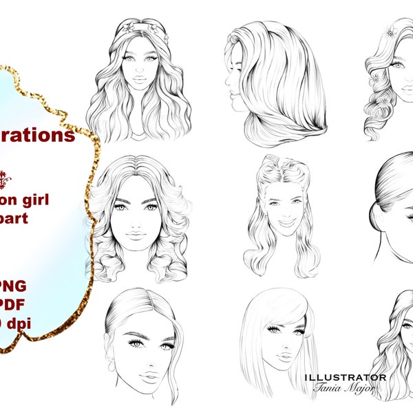 Coloring pages, Face clipart, Female face PNG, Portrait line art, 9 PNG, 9 PDF, Coloring page printable, fashion coloring page