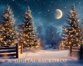 Christmas card, Christmas Snowy Winter Scene Digital Backdrop, Christmas tree backdrop, Holiday backdrop, bokeh, composite