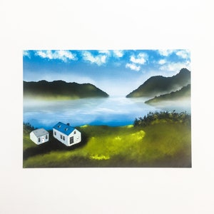 Kunstafdruk witte hut | illustratie, digitaal tekenen, landschap, natuur, lente, wolken, aquarel