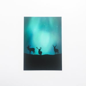 Cartolina tre / illustrazione, aurora boreale, renna, disegno digitale, natura