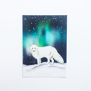 carte postale Renard arctique | illustration, dessin numérique, nature, aurores boréales, hiver, neige, aquarelle