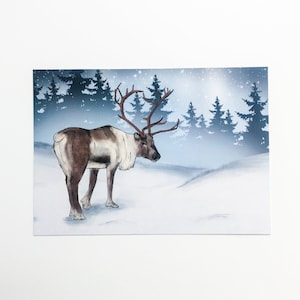 Stampa artistica Renna / illustrazione, disegno digitale, inverno, neve, natura, acquerello