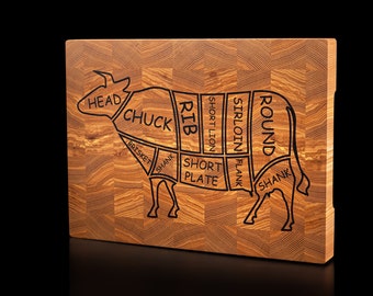 Cutting board personalized Chef GIFT of Beef inlayed in wenge wood Butchers block beef cuts End Grain Ash wood cutting board Chopping board