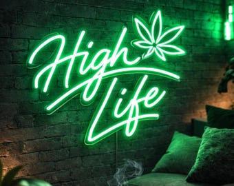 High Life Neon Sign Green LED Wall Light Cannabis Leaf Script Sign