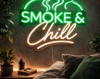 Smoke and Chill Neon Sign Green LED Wall Light Relax Lounge Gamer Room Decor