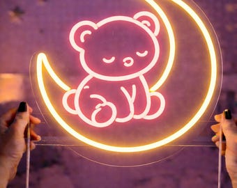 Teddy Bear Moon Neon Sign: Nursery LED Night Light, Baby Room Decor