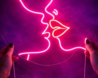 Kiss Neon Sign, Minimalist Line Art LED Wall Light, Bedroom Decor