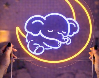 Elephant Moon Neon Sign: Baby Nursery LED Night Light