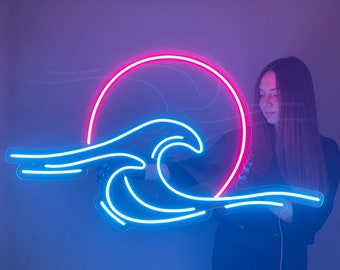 Wave and Moon Neon Sign - Nature Led Sign, Neon Light Sign, Led Light Sign, LED Neon Sign
