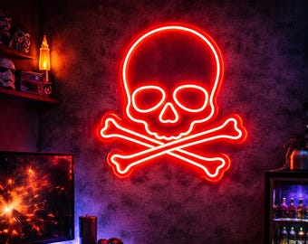 Red Skull Neon Sign: LED Pirate Wall Light for Man Cave Bar