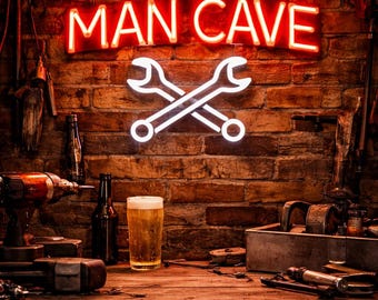 Man Cave Neon Sign with Crossed Wrenches – LED Bar Wall Decor