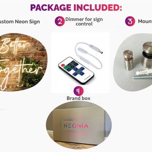 May include: A neon sign that says "Better Together" with a dimmer switch, mounting kit, and a brand box. The sign is white and the background is a brick wall.