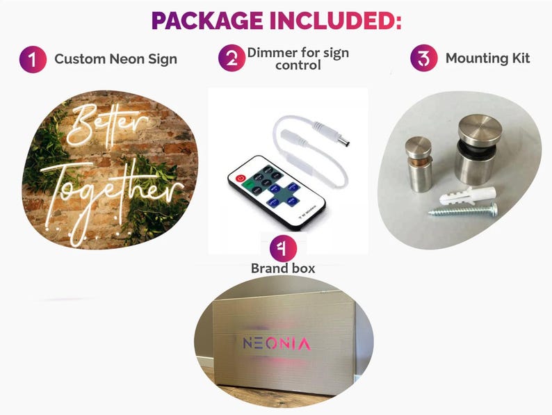 May include: A neon sign that says "Better Together" with a dimmer switch, mounting kit, and a brand box. The sign is white and the background is a brick wall.