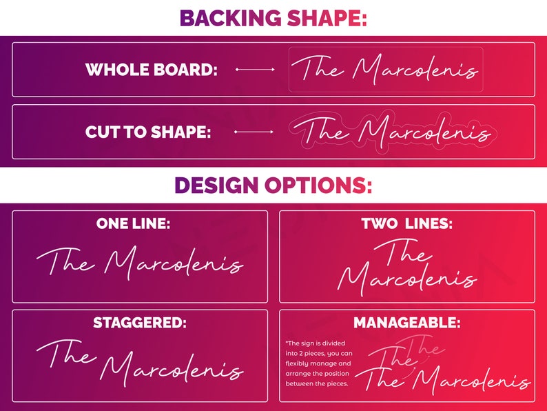 May include: A graphic design guide with instructions on how to create a logo for "The Marcolenis". The guide shows different design options for the logo, including one line, two lines, and staggered text.