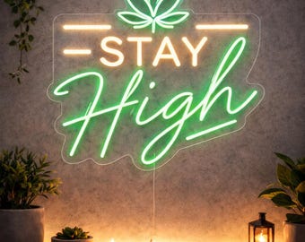 Green Leaf Neon Sign: "Stay High" LED Wall Decor for Chill Rooms