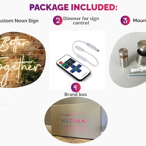 May include: A neon sign that says "Better Together" with a dimmer switch, mounting kit, and a brand box. The sign is white and the background is a brick wall.