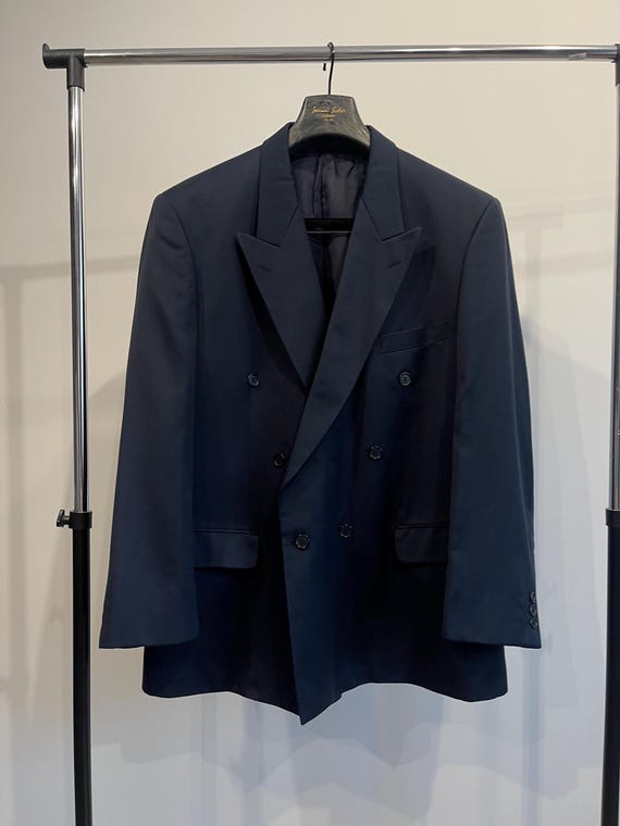 Marks & Spencer, Vintage 1995 Marks & Spencer St Michael Double Breasted Blazer, Blue Wool Blend Suit Jacket Made in Israel, 90s Preppy Ivy League US46 EU58