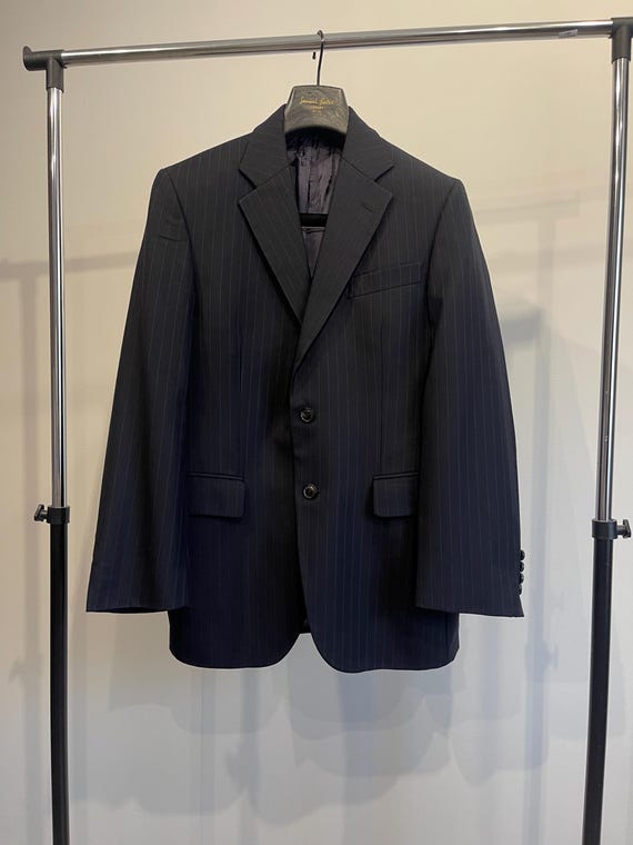 Daks, Vintage DAKS London Pinstripe Wool Blazer Navy Blue Size Small EU 46, 90s British Heritage Men's Suit Jacket, Pure Virgin Wool & Cupro