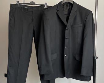 Vintage 90s NEXT Pinstripe Suit | 100% Super 100s Wool | 4-Button Jacket Trousers | Dark Charcoal Black | Mod Style Minimalist Suit