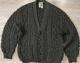 Aran Tex Cardigan Dark Green 100% Pure New Wool Cable Knit Ireland M Sweater