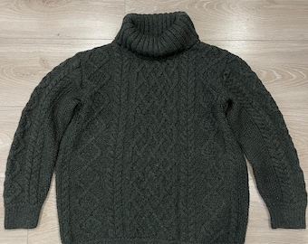 Aran Mór Ireland 100% Merino Wool Sweater Green Cable Knit Turtleneck Size M