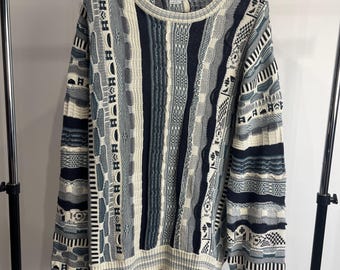 Pull Coogi Style en maille 3D, pull en coton texturé multicolore, style vintage années 90 Biggie Smalls, pull oversize géométrique style grand-père, taille S
