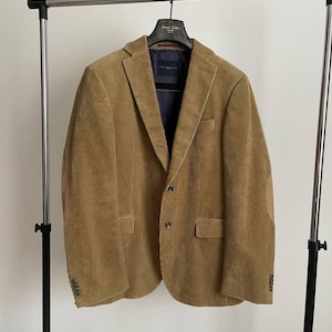 Tommy Hilfiger Tailored Corduroy Blazer, Vintage Aesthetic Men's Size 50 Camel Tan Sport Coat, Italian Fabric Velvet Jacket with Elbow Patch