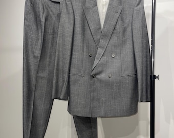 Vintage double-breasted rare wool suit gray 90s men’s formal business classic blazer + trousers ~40L