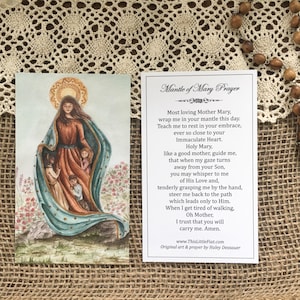 Mantle of Mary Prayer Card for Children featuring the Blessed Virgin Mary with children under her mantle