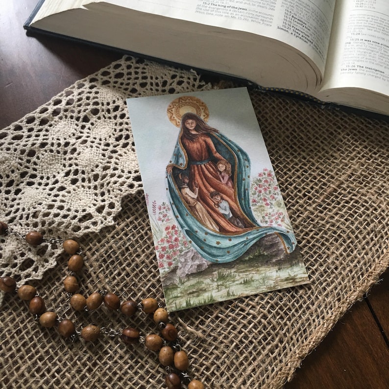 Mantle of Mary Prayer Card for Children featuring the Blessed Virgin Mary with children under her mantle