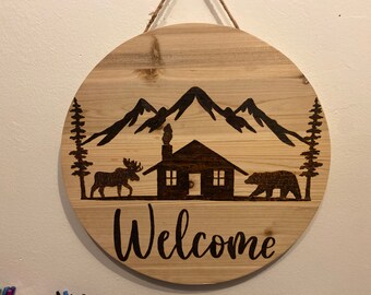 Welcome woodburned door sign | welcome | bear | moose | cabin | mountain