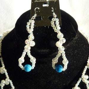 Beaded Pearl and Turquoise Necklace and Earrings