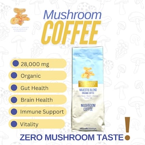 May include: A blue bag of Great Lakes Mushroom Company Majestic Blend Organic Coffee. The bag features a mushroom illustration and lists the ingredients: Lion's Mane, Reishi, Maitake, and Turkey Tail. The bag also states that the coffee contains 28,000 mg of mushrooms and is not a coffee substitute. The bag is surrounded by white circles with blue dots and text describing the benefits of mushroom coffee, including gut health, brain health, immune support, and vitality.