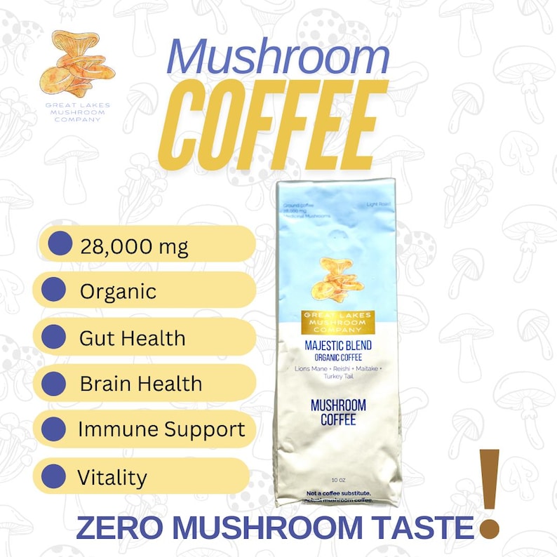 May include: A blue bag of Great Lakes Mushroom Company Majestic Blend Organic Coffee. The bag features a mushroom illustration and lists the ingredients: Lion's Mane, Reishi, Maitake, and Turkey Tail. The bag also states that the coffee contains 28,000 mg of mushrooms and is not a coffee substitute. The bag is surrounded by white circles with blue dots and text describing the benefits of mushroom coffee, including gut health, brain health, immune support, and vitality.