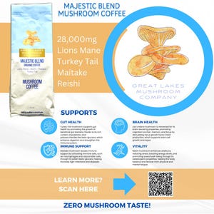 May include: A colorful graphic with the text "Majestic Blend Mushroom Coffee" and a list of mushroom varieties including Lions Mane, Turkey Tail, Maitake, and Reishi. The graphic also includes a QR code and the text "Learn More? Scan Here" and "Zero Mushroom Taste!"