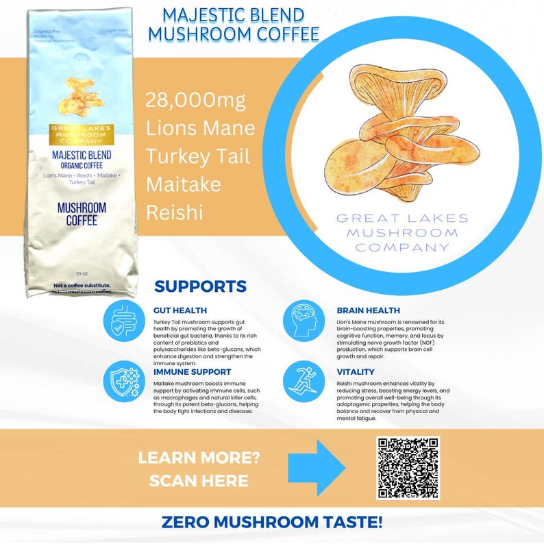 May include: A colorful graphic with the text "Majestic Blend Mushroom Coffee" and a list of mushroom varieties including Lions Mane, Turkey Tail, Maitake, and Reishi. The graphic also includes a QR code and the text "Learn More? Scan Here" and "Zero Mushroom Taste!"