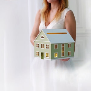 Scatola per biglietti da visita a forma di casa, scatola per biglietti da visita per matrimonio, scatola per biglietti da visita a forma di casa, salvadanaio a forma di casa per matrimonio, porta biglietti, salvadanaio in legno, casa con luce notturna