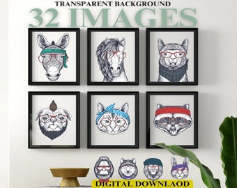 Animals With Glasses, SVG Pet Prints, Forest Animal Kingdom PNG, Printable Animal Files, Wild Animals, Smart Funny Digital Animal Bundle Set