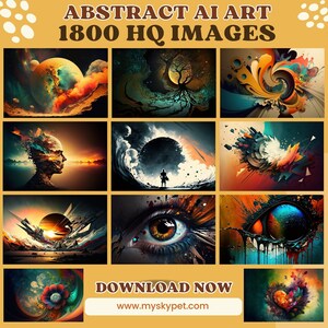 以下が含まれることがあります： 9つの抽象的なAIアート画像のコラージュ。画像はさまざまな色、形、テクスチャを特徴としています。画像はグリッドパターンで配置されています。画像の上部には「ABSTRACT AI ART 1800 HQ IMAGES」というテキストがあります。画像の下部には「DOWNLOAD NOW www.myskybet.com」というテキストがあります。