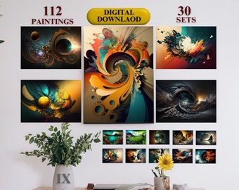 Abstract Art Paintings, Beautiful Magical Space, Sun, Galaxy, Fantasy World Art, Beautiful Cosmic Artwork-  112 AI Wall Prints SET IX