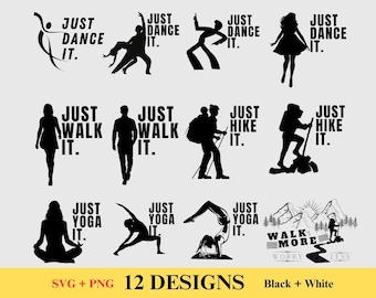 Dancer SVG Files, Woman Walking Man PNG, Yoga Silhouette, Hiking Cut Files, Outdoors Yoga Walking, Bundle SET of 12 Hobby Art Designs