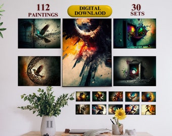 Wall Art Home Decor, Abstarct Art Print Sets, Bird Art, Printable Bundle Paintings, Running, Face Art Dark Shadow -  112 Wall Prints SET II