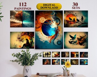 Bird Art, Seasons Paintings, Abstract Home Decor Art, Magic Sun Prints, Candles Painting, Printable Abstract Art -  112 Wall Prints SET V